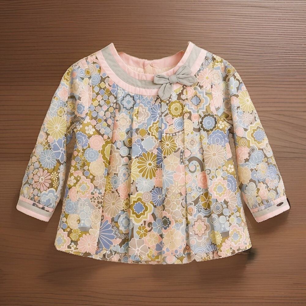 Petit Ami Girls Long Sleeve Pleated Multi-color Floral Button Back Shirt Size 4